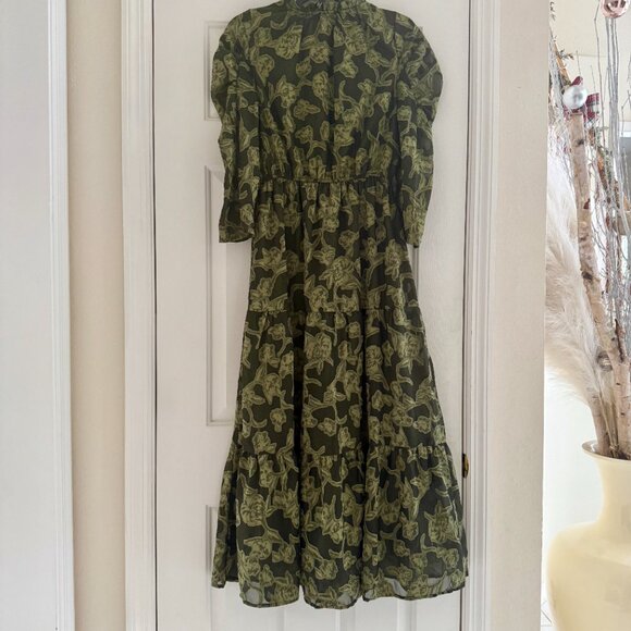 Moon River Green Floral Long Sleeve Midi Dress Size Small - Picture 5 of 7